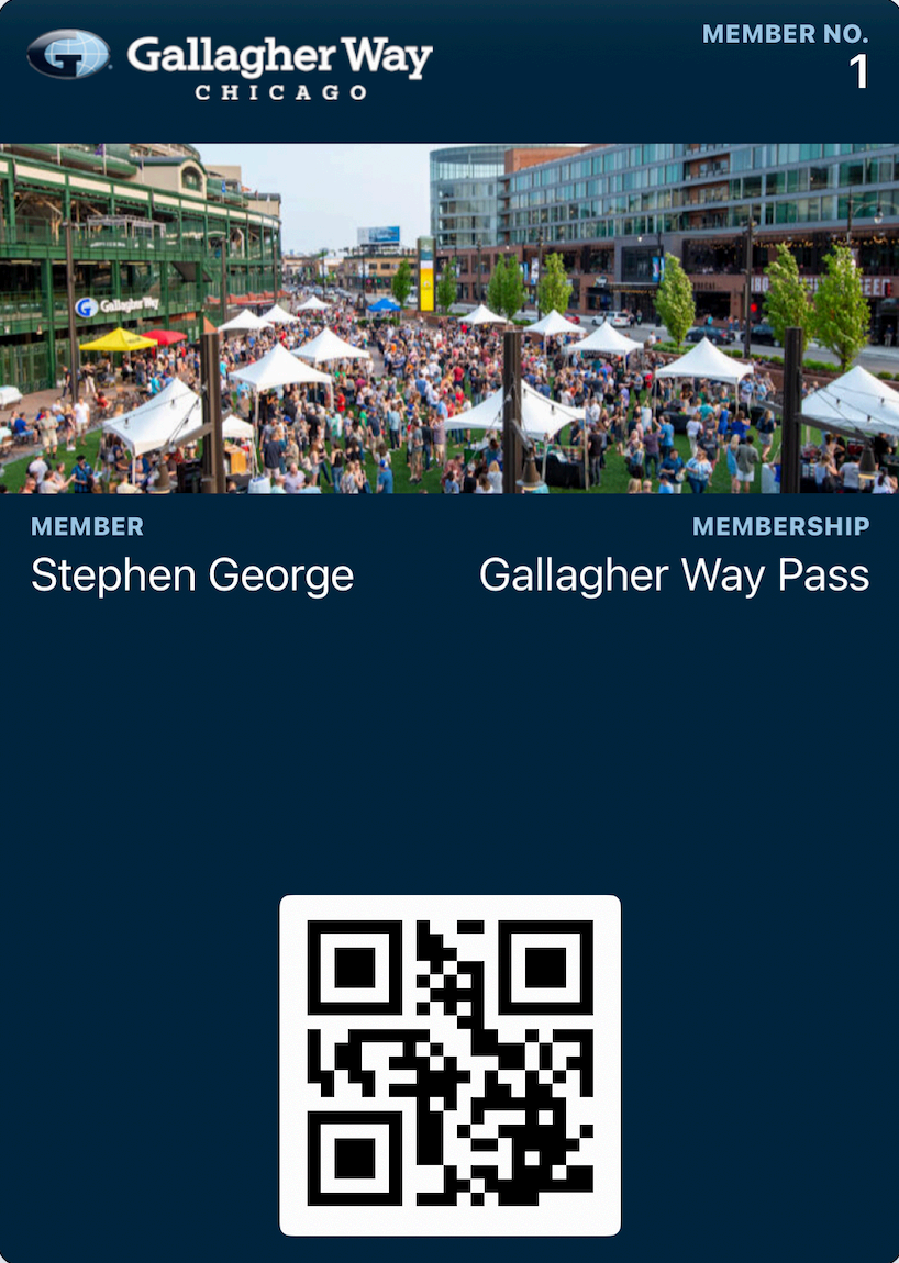 Gallagher Way Pass showing member Stephen George, Member No. 1, and a QR code