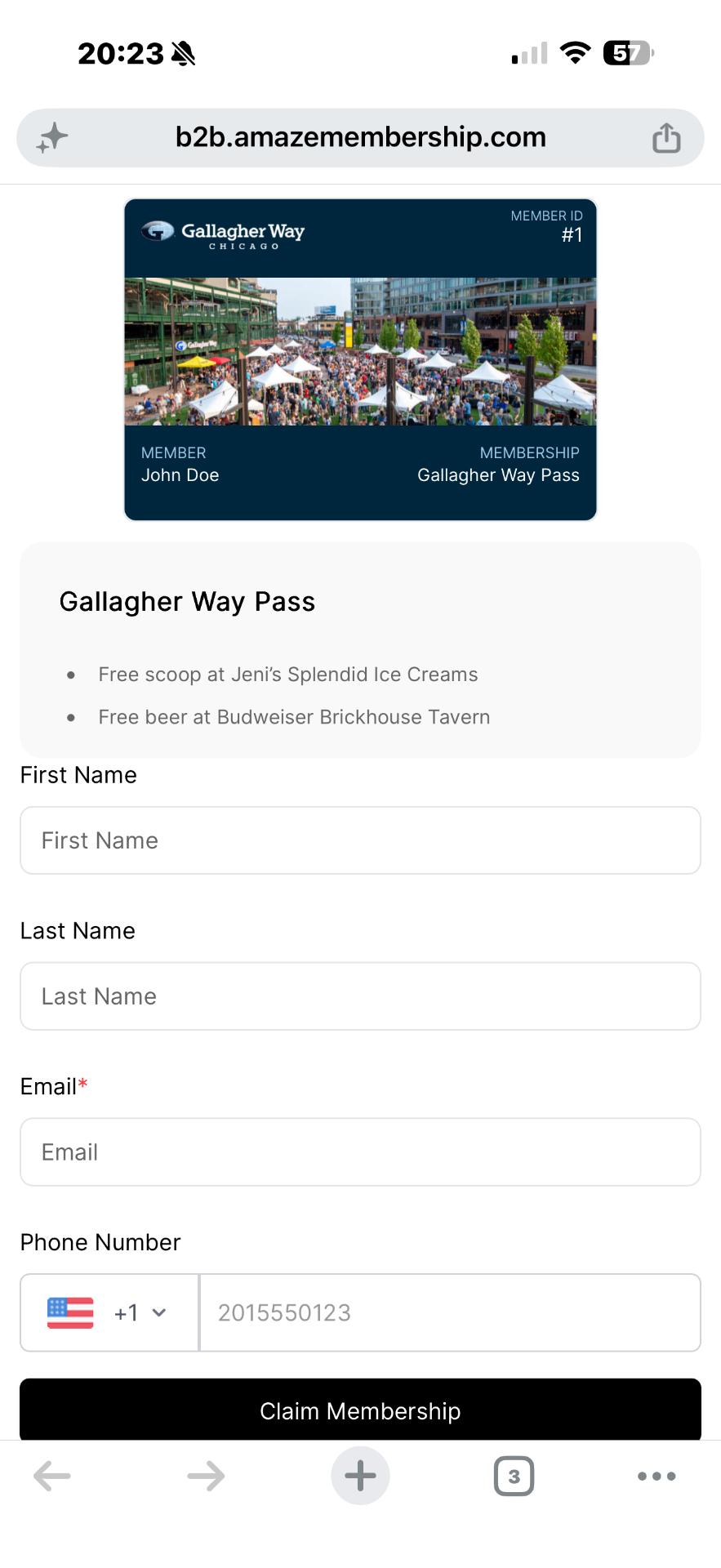 Gallagher Way Pass signup form on an iPhone showing name, email and phone fields with a Claim Membership button
